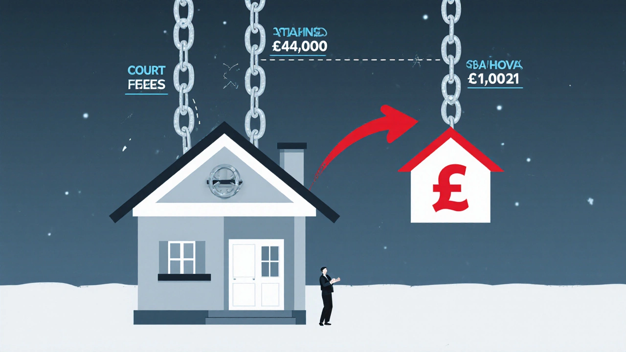 Haus wird von Kostenketten nach unten gezogen, Wert schwindet, Restschuld schwebt als roter Betrag.