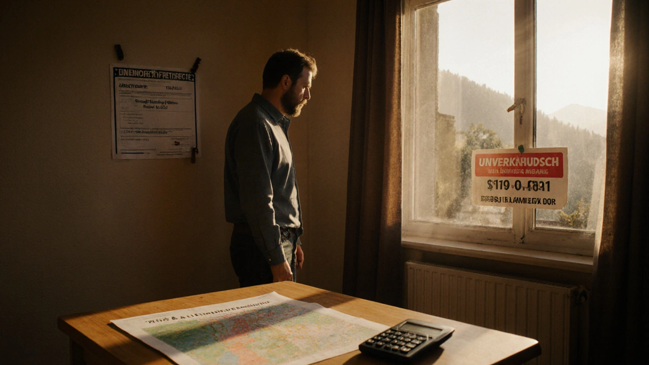 Hausbesitzer betrachtet Energieausweis mit Klasse D, für Verkauf stehendes Schild mit &#039;Unverkäuflich&#039;.