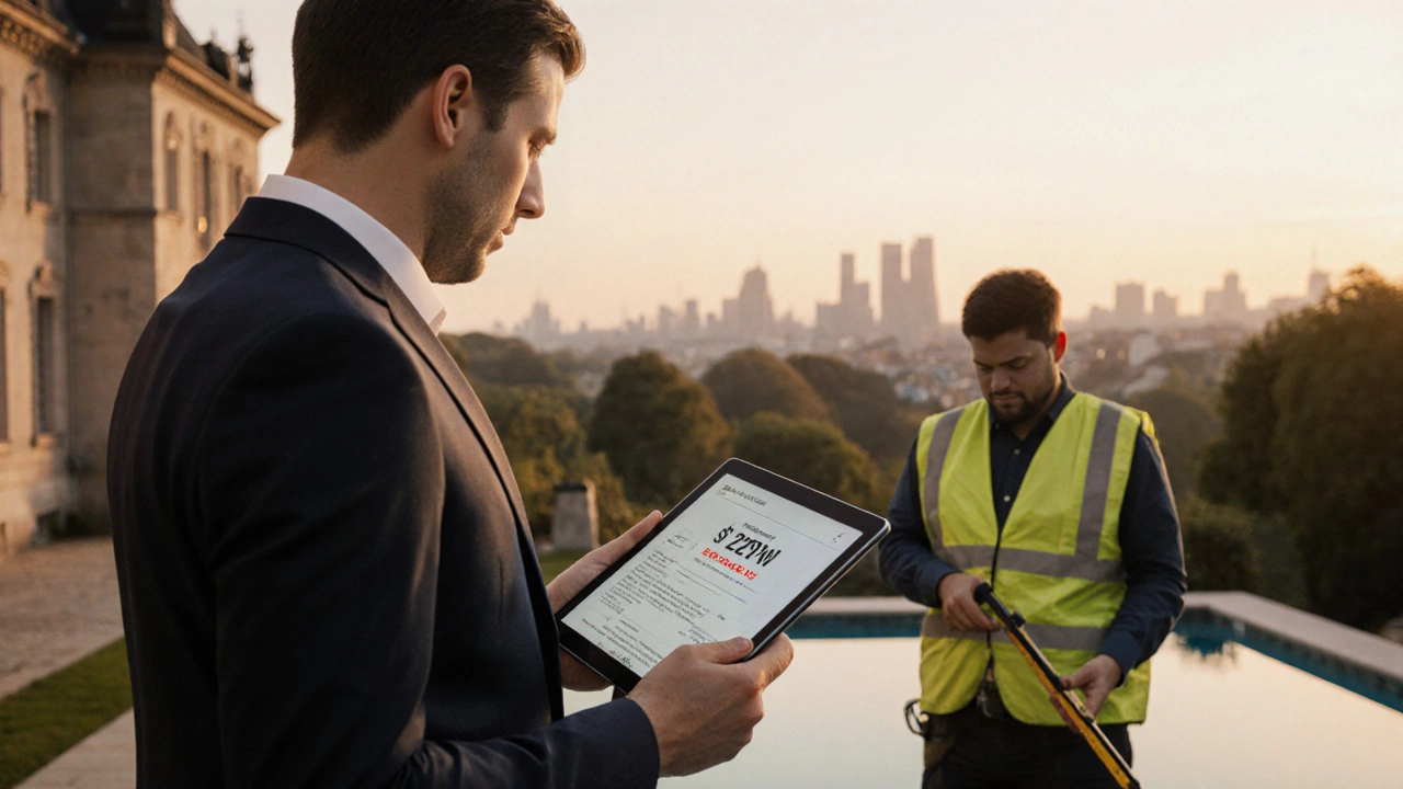 Immobilienmakler und Gutachter vor einer Villa, einer zeigt einen AVM-Bericht, der andere prüft den Pool.