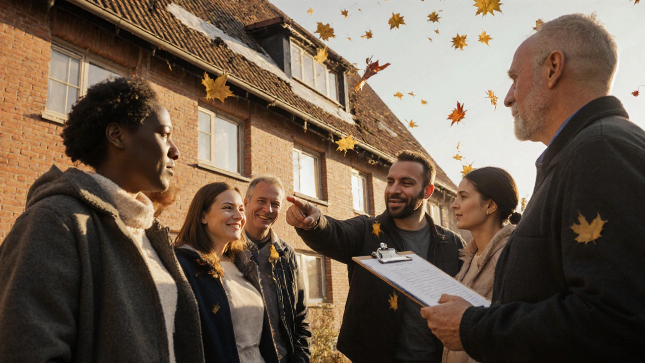 Nachbarn feiern gemeinsam die Dachsanierung mit unterschriebenem Beschluss.