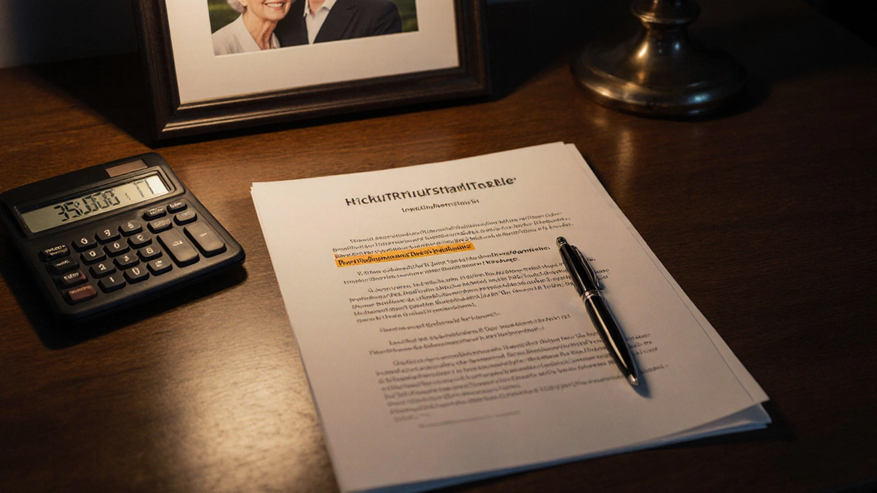 Notarstube mit offenem Vertrag, Taschenrechner mit 350.000 € und Lampe, abendliche Atmosphäre.
