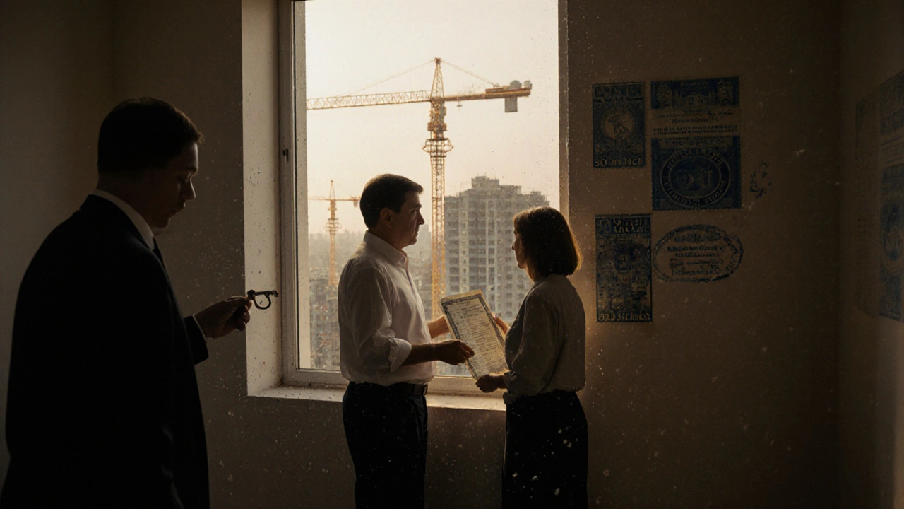 Paar in Vietnam vor leerer Wohnung mit 50-Jahres-Nutzungsrecht, Schatten eines Abgehenden.