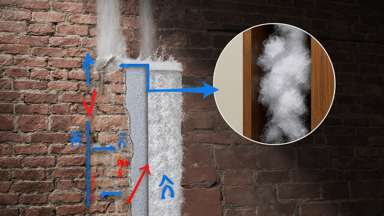 Querschnitt einer Mauer mit drei Feuchtigkeitsquellen und Salzkristallen in den Poren.