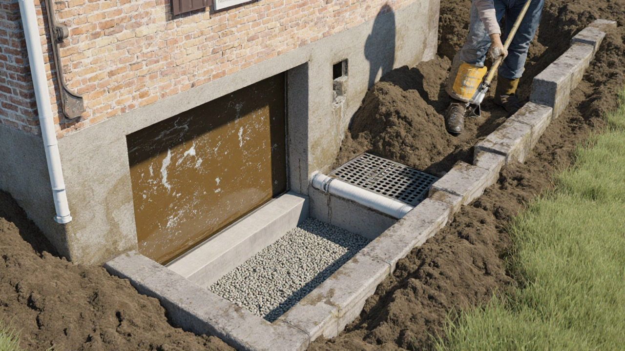 Querschnitt eines Kellers mit Außenabdichtung und Drainage-Schicht.