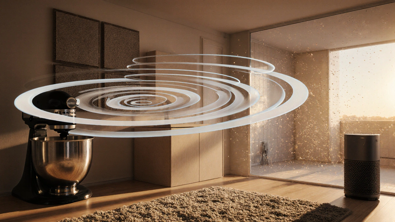 Schallwellen werden von Akustikpaneele, Teppich und Luftreiniger absorbiert, während die Küche ruhig bleibt.