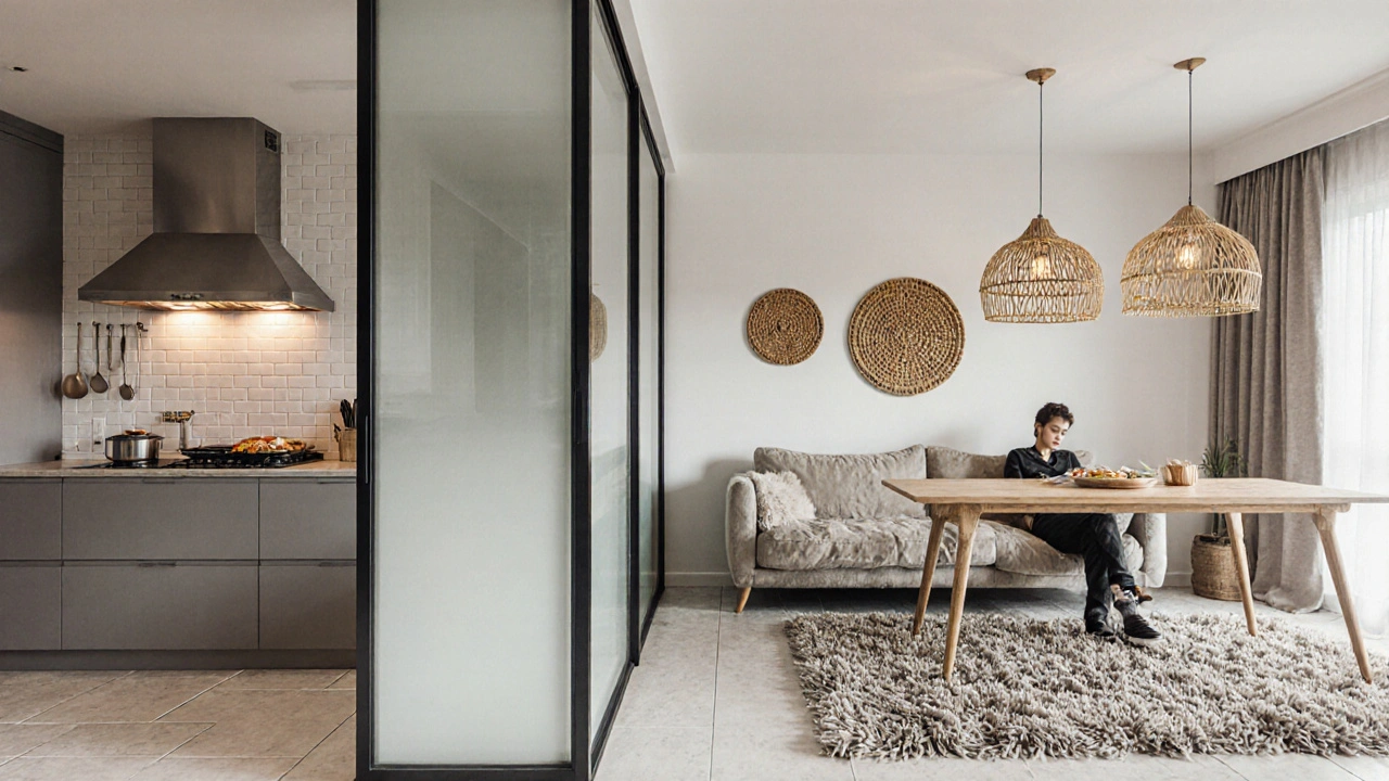 Schiebetür aus Glas zwischen Küche und Wohnzimmer, die Lärm und Gerüche reduziert, während Licht durchfällt.