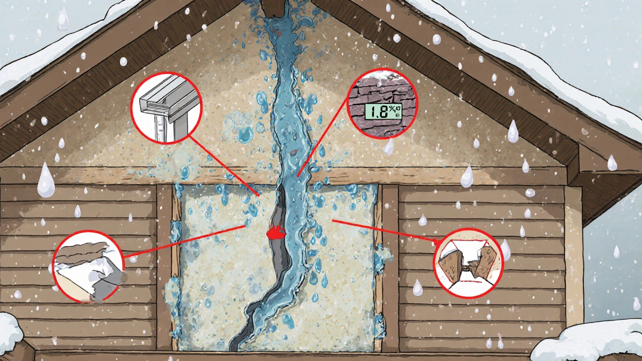 Schnittansicht einer feuchten Fassade mit Wasserinfiltration, Schimmel und reduzierter Dämmwirkung durch einen Riss.