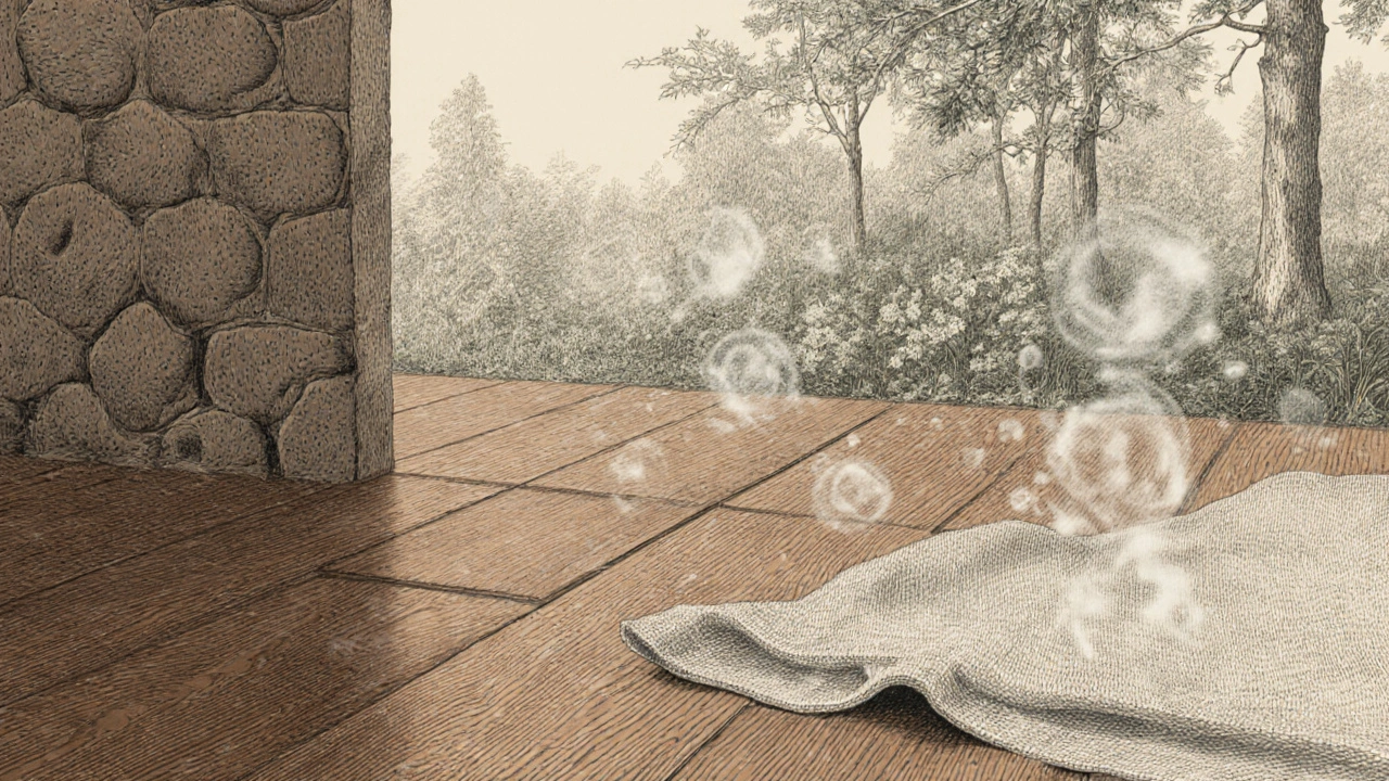 Schnittansicht, wie Holz, Lehm und Leinen die Raumluft natürlich regulieren.