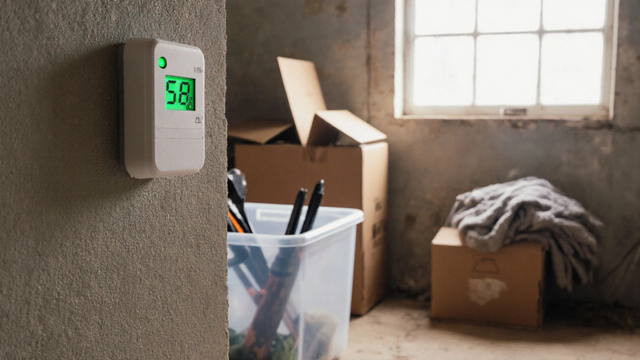 Smartes Feuchtigkeitssensor-Display zeigt niedrige Luftfeuchtigkeit an der Wand.