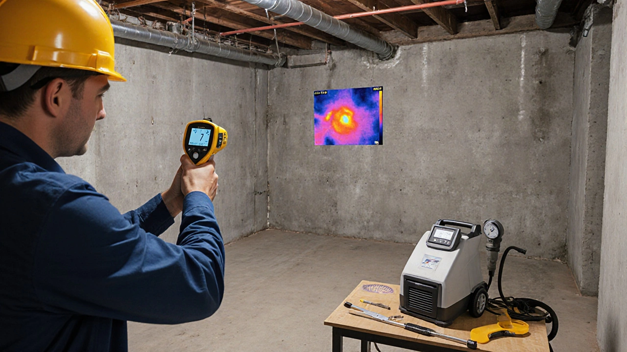 Techniker misst mit Infrarotkamera Kältestellen an einer Kellerwand.