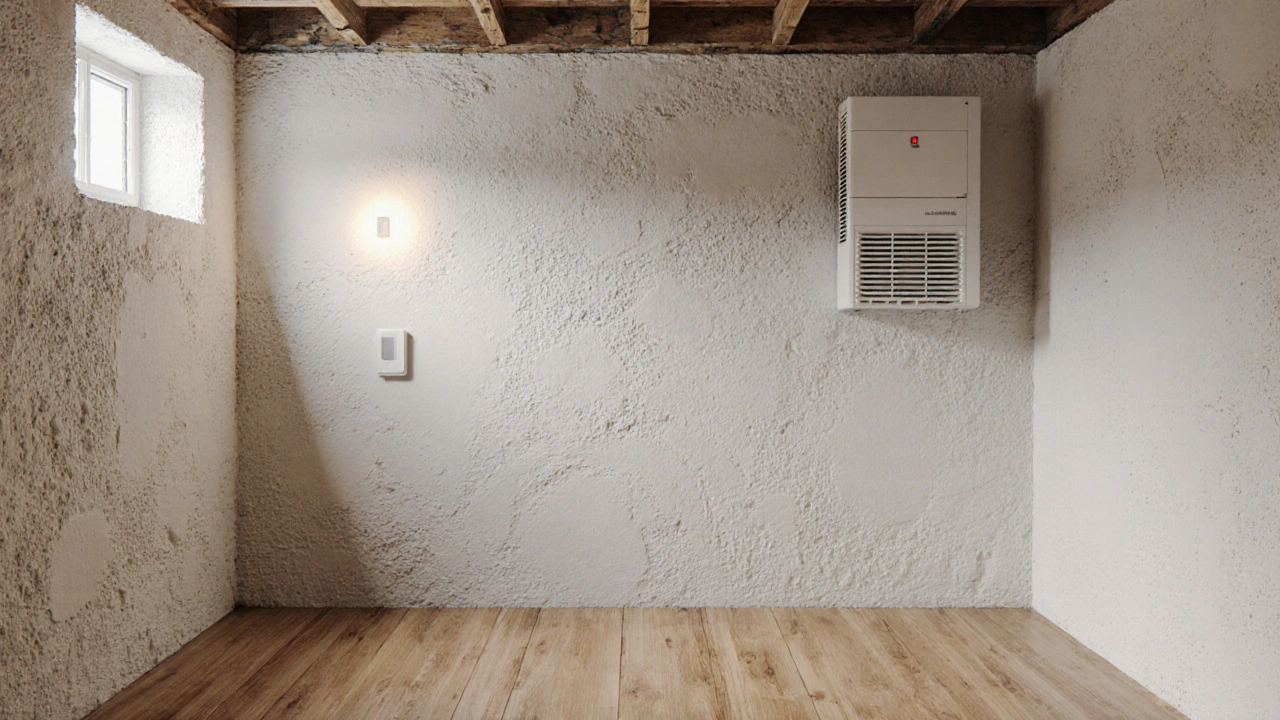 Trockener, sanierter Keller mit Sanierputz und diffusionsoffener Farbe.