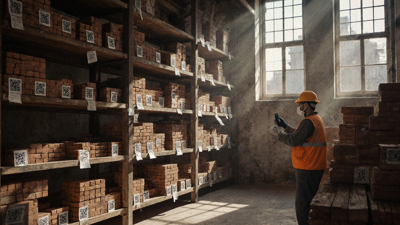Urban Mining: Wiederverwendete Baumaterialien wie Ziegel und Balken in einer ehemaligen Schule als Materialbank organisiert.