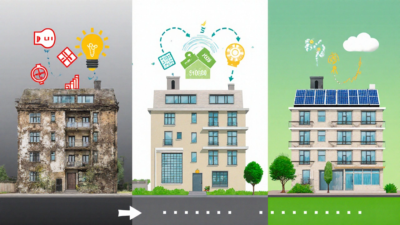 Vergleich einer Wohnanlage vor und nach energetischer Sanierung mit reduziertem CO2-Ausstoß.