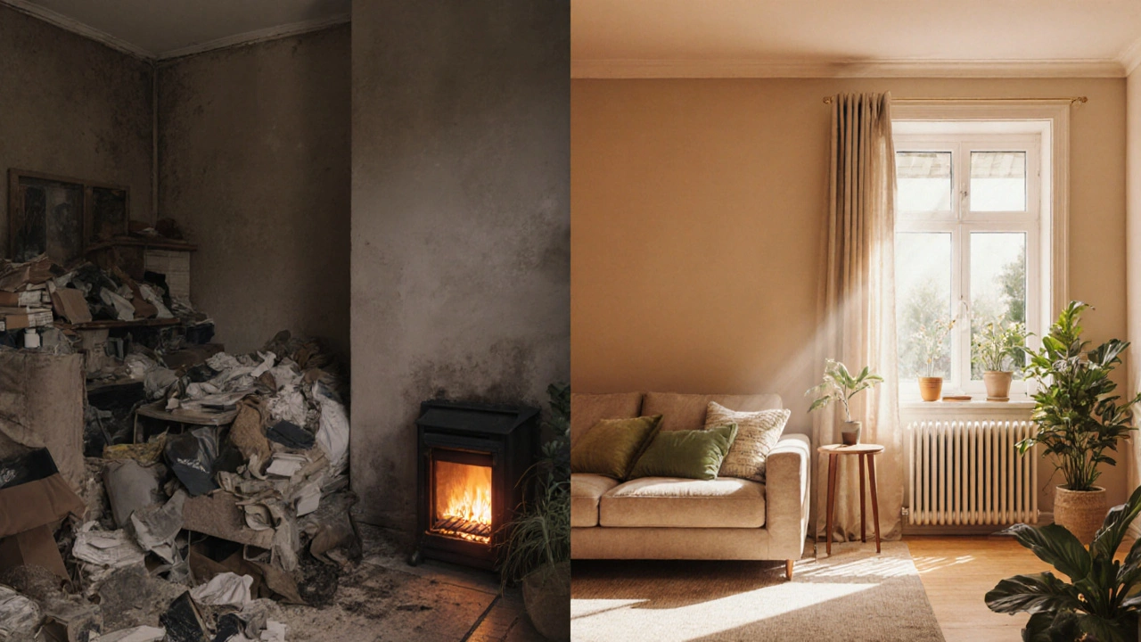 Vergleich eines konventionellen und eines nachhaltigen Wohnzimmers mit Licht und Raumplanung.