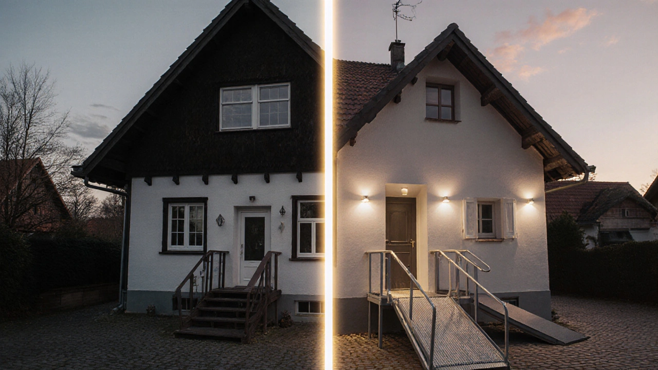 Vergleich eines traditionellen und barrierefrei umgebauten Einfamilienhauses mit Lichtpfad als Symbol für Zukunftssicherheit.