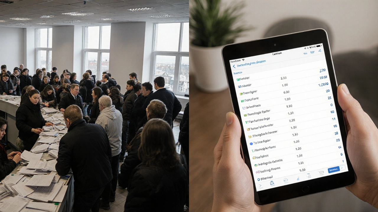 Vergleich: Überfüllte deutsche Grundbuchstelle links, ruhiger digitaler Zugriff in Lettland rechts.