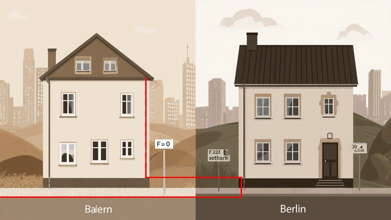 Vergleich von Abstandsflächen in Bayern (8 m) und Berlin (3,2 m) mit Faktoren F=1,0 und F=0,4.