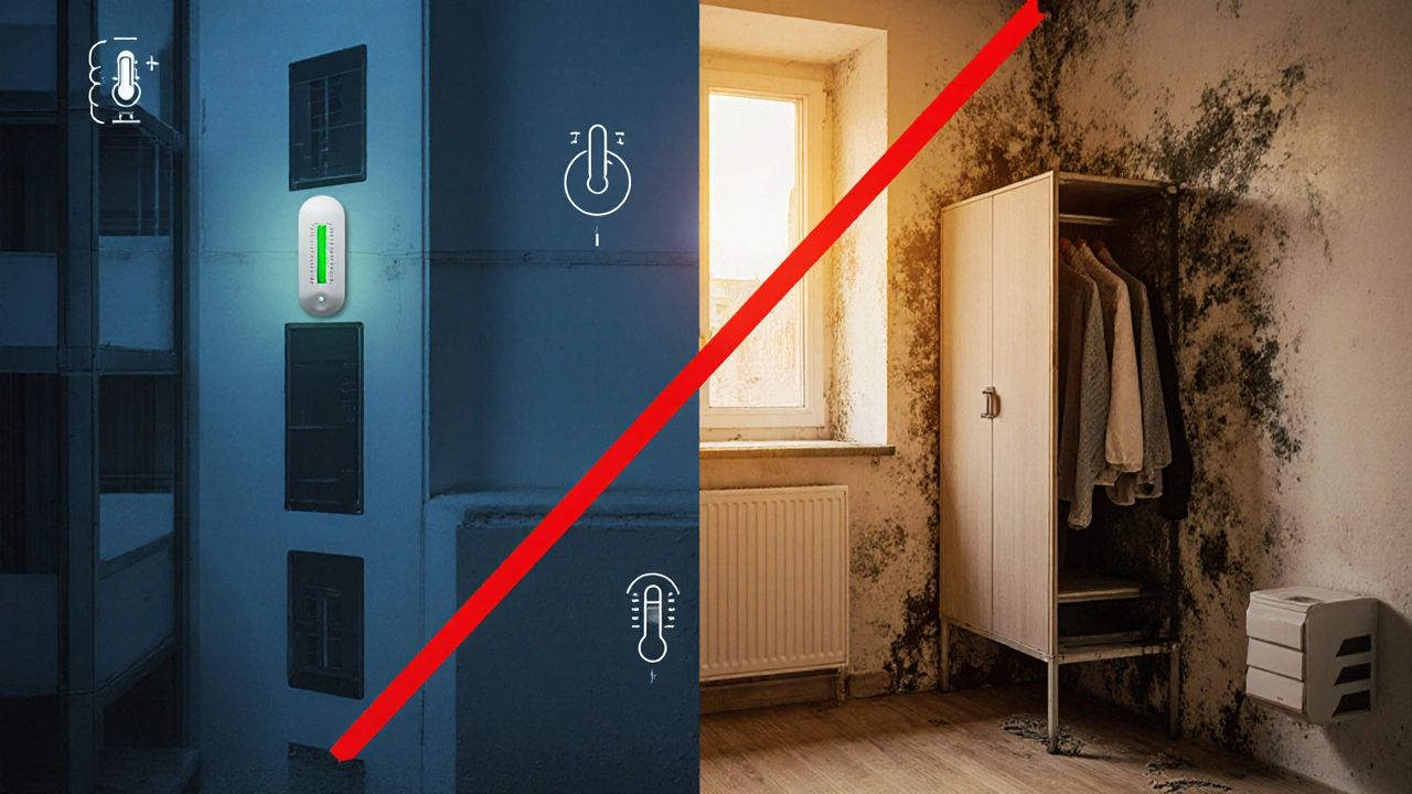 Vergleich zweier Wohnungen: eine mit Schimmel und Feuchtigkeit, die andere trocken und sicher mit Sensor.