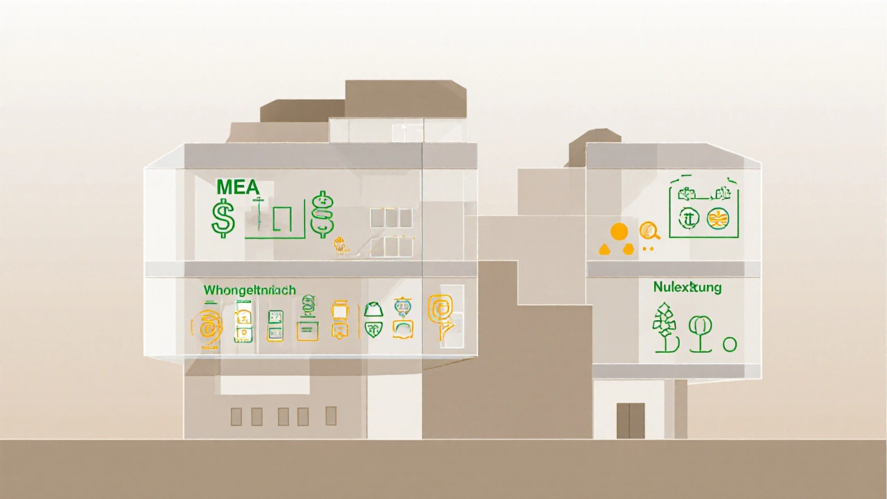 Visuelle Darstellung verschiedener Kostenaufteilungsmodelle für Gemeinschaftsflächen.