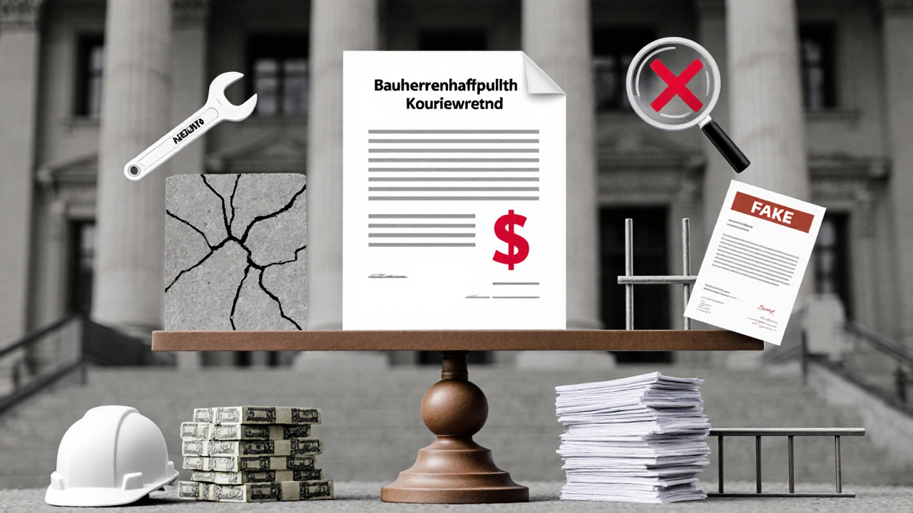 Waage mit Bauherrenhaftpflichtversicherung gegen Rechtskosten und Gefängnisstange, umgeben von Baustellenrisiken wie Rissen und falschen Rechnungen.