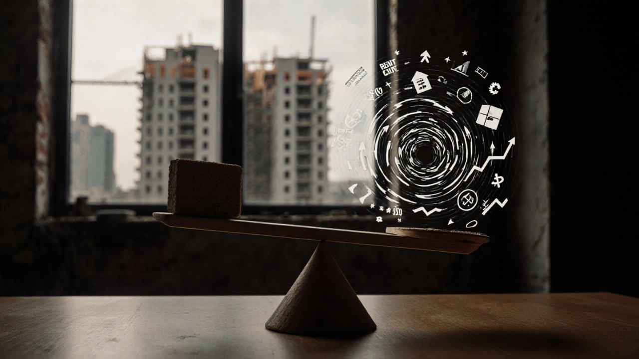 Waage mit einem Stein und einem Wirbel aus Zinsen, Mieten und Bevölkerungsdaten in einem urbanen Loft.