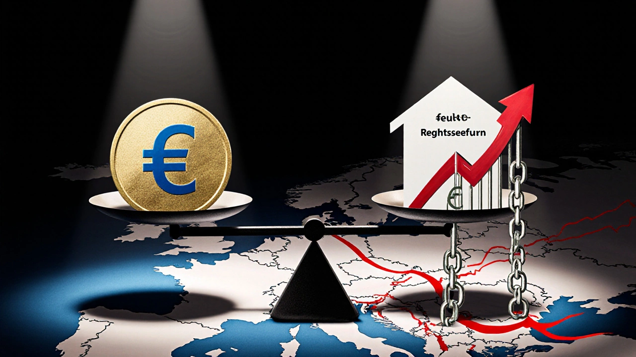 Waage mit Euro und Haus auf einer Seite, ausländische Währung, Steuern und Rechtsrisiken auf der anderen.