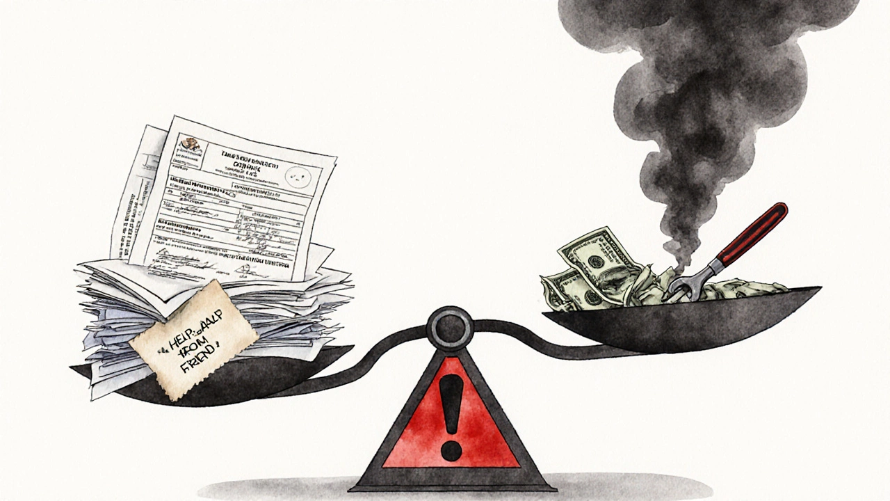 Waage mit legalen Dokumenten auf einer Seite, Bargeld und Werkzeug auf der anderen – rechtliche Konsequenzen.