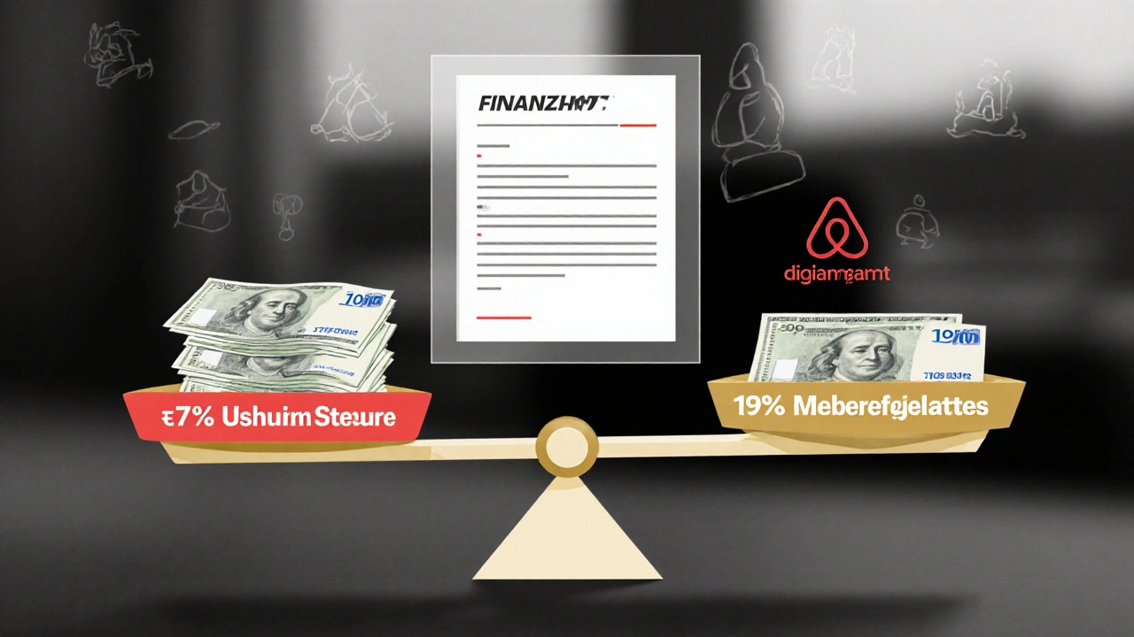 Waage mit Miete, 7% Umsatzsteuer und 19% Nebenleistungen, rechtlicher Hinweis schwebt darüber.
