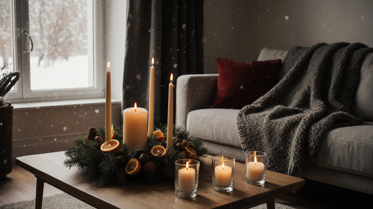 Winterliches Wohnzimmer mit selbstgemachtem Adventskranz, vielen Kerzen und einer wärmenden Wolldecke auf dem Sofa.