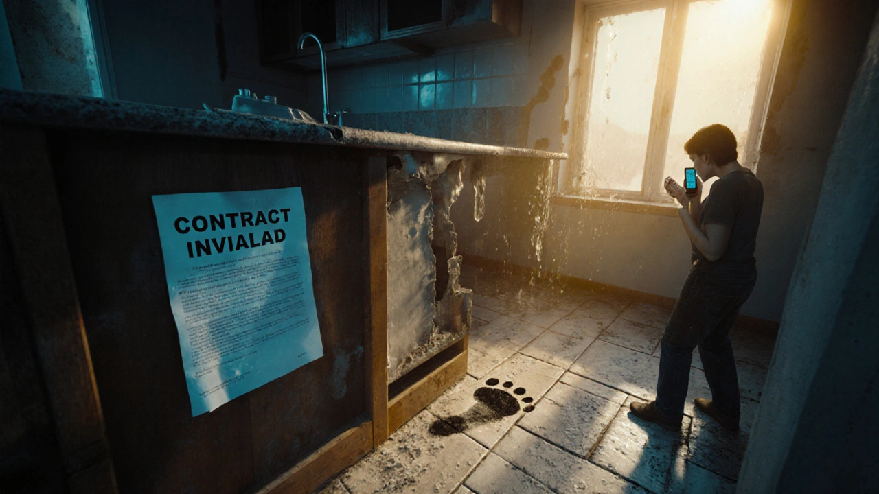 Zerstörte Küche mit Wasserschaden, Hausbesitzer steht verzweifelt da, Rechnung mit &#039;Vertrag ungültig&#039; liegt auf dem Tisch.