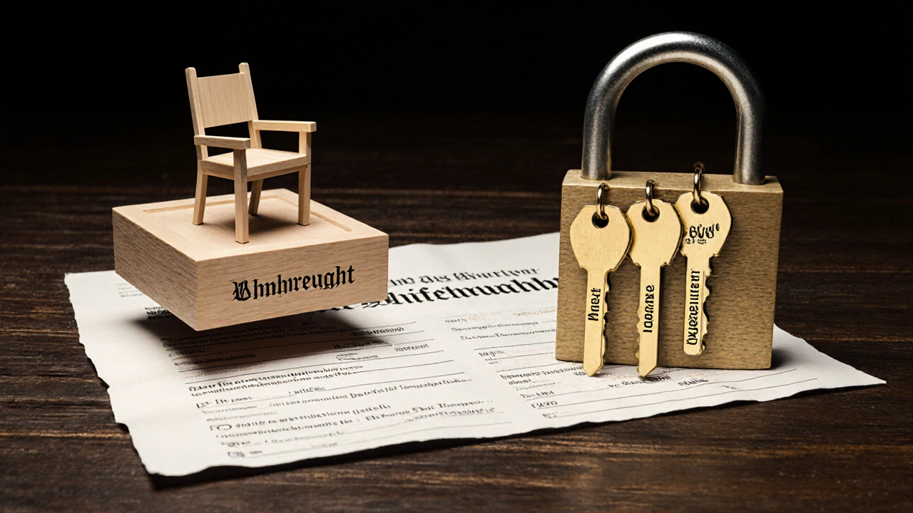 Zwei Waagen: links ein Stuhl für Wohnrecht, rechts ein Schlüsselbund mit Miete, Garten und Garage für Nießbrauchrecht.