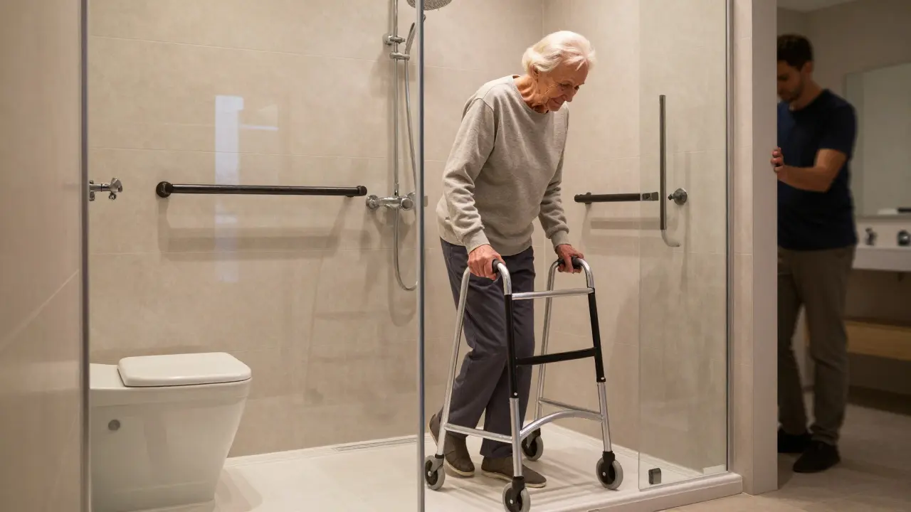 Älterer Mensch betritt sicher eine große, barrierefreie Dusche mit Sitzbank und Rollator, umgeben von sanftem Licht.