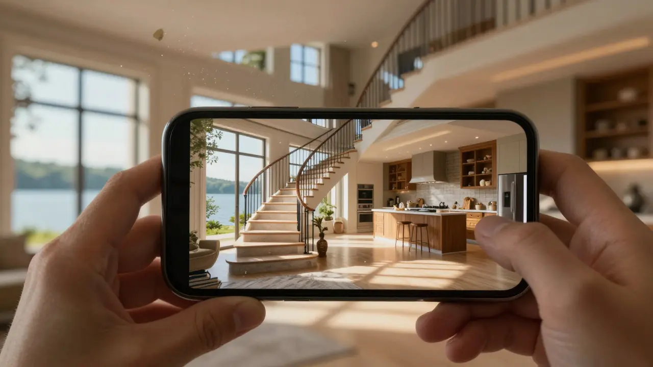 Eine AR-Ansicht auf einem Smartphone, die eine virtuelle Villa mit Treppenhaus und Küche über das reale Handydisplay projiziert.
