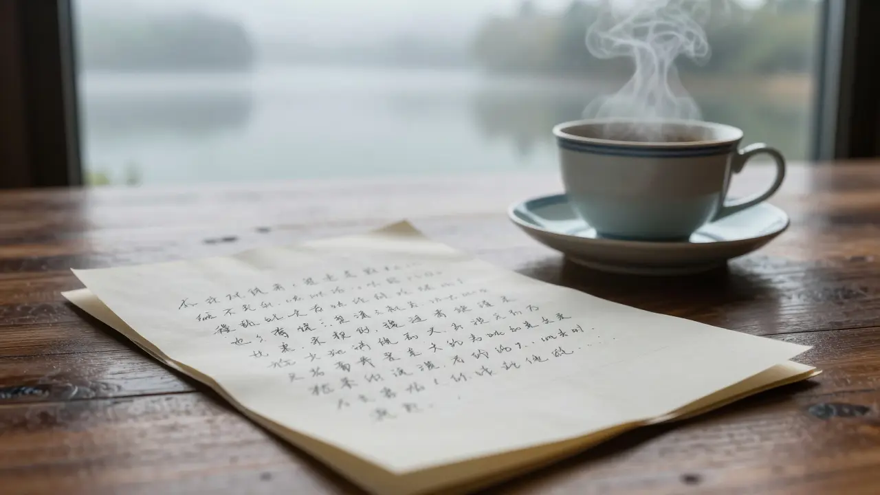 Eine handschriftliche Notiz auf dickem Papier neben einer dampfenden Kaffeetasse, Blick auf einen nebligen See durch ein Panoramafenster.