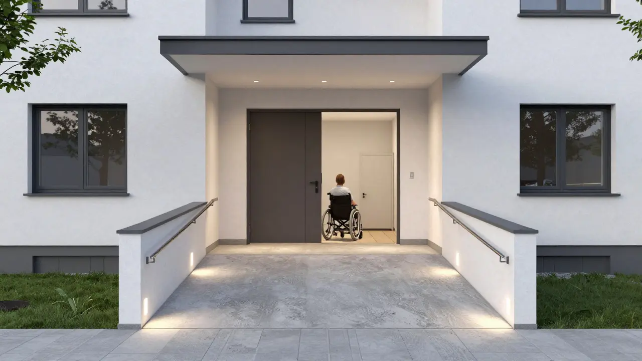 Eingang mit rampenförmiger Zufahrt und breiter Tür, führt von der Straße ins Haus.