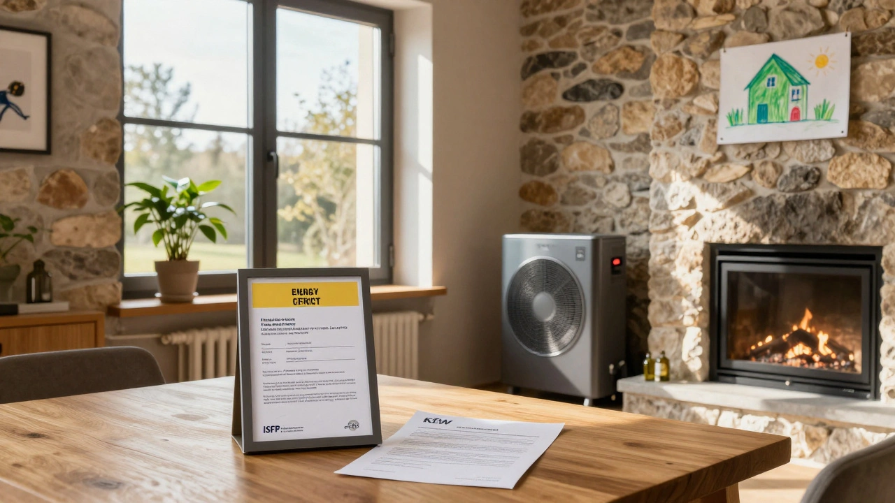 Gemütliches, energieeffizientes Wohnzimmer mit Heizpumpe und Förderpapieren