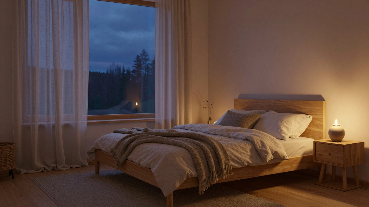 Gemütliches Schlafzimmer bei Dämmerung mit Eichenbett, Wolldecken und einer warmen Kerzenlichtquelle in nordischer Designästhetik.