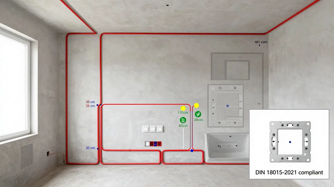 Grundriss mit neuen Elektroleitungen nach DIN 18015: Steckdosen, Schalter und Kabelverläufe in Farbcodierung.