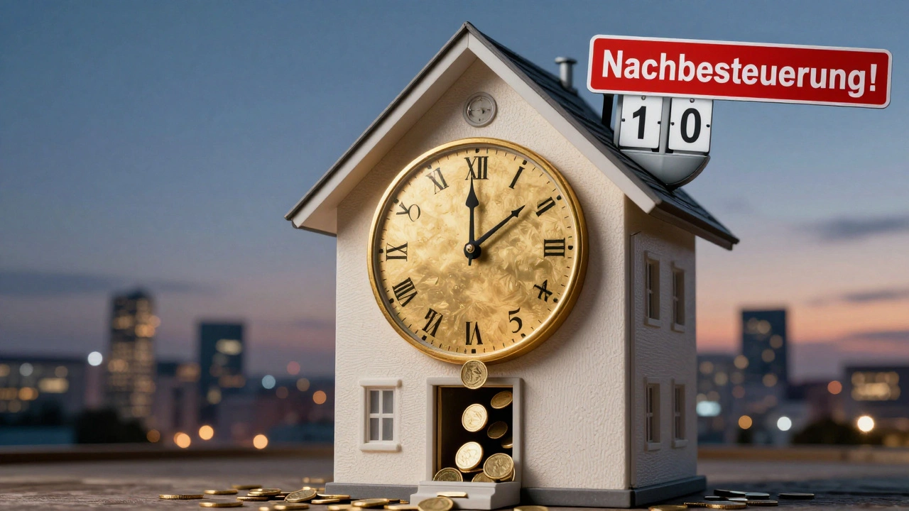 Haus mit eingebauter Uhr, die über zehn Jahre abgeschrieben wird, während Steuerrückerstattungen in einen Tresor fallen.