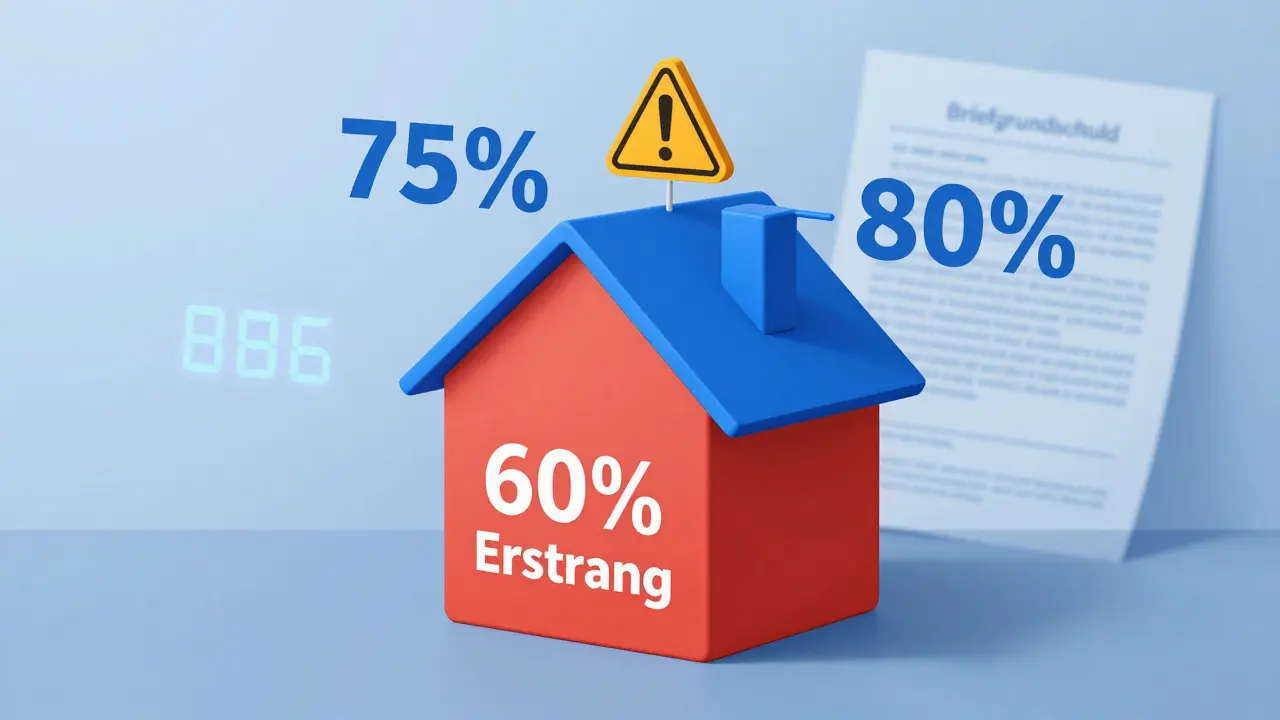 Haus mit zwei Finanzschichten: Erstrang und Zweitrang, Warnsymbol bei 75 % Beleihungsgrenze.