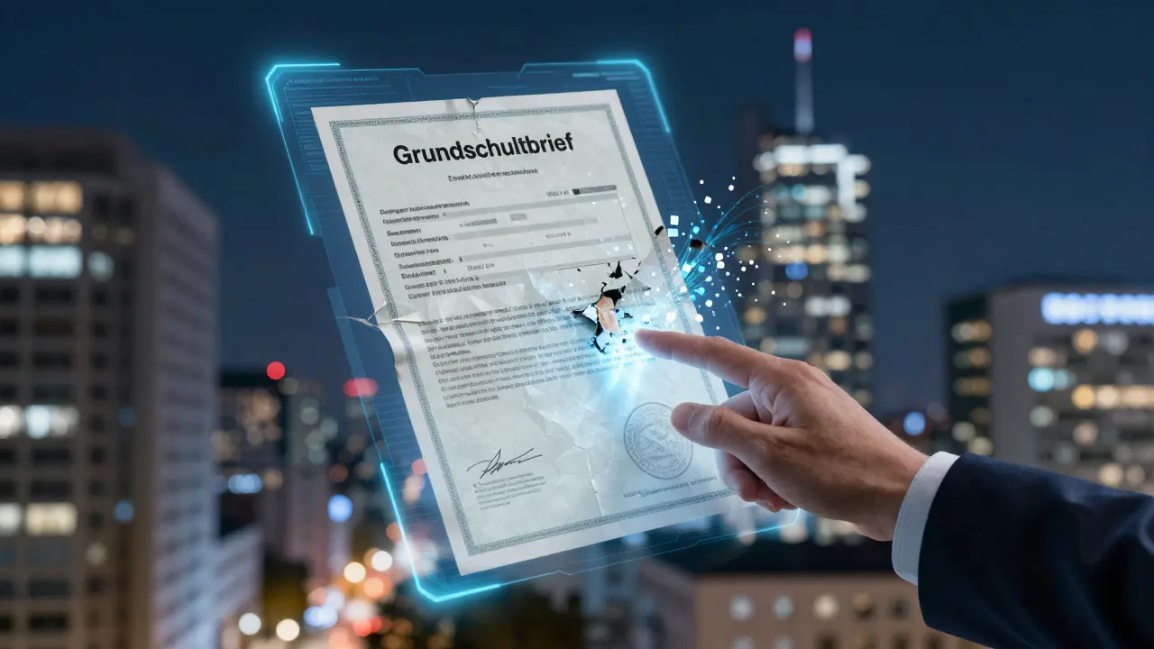 Holografische Buchgrundschuld ersetzt Papierdokument, digitale Transformation in Stadtlandschaft.