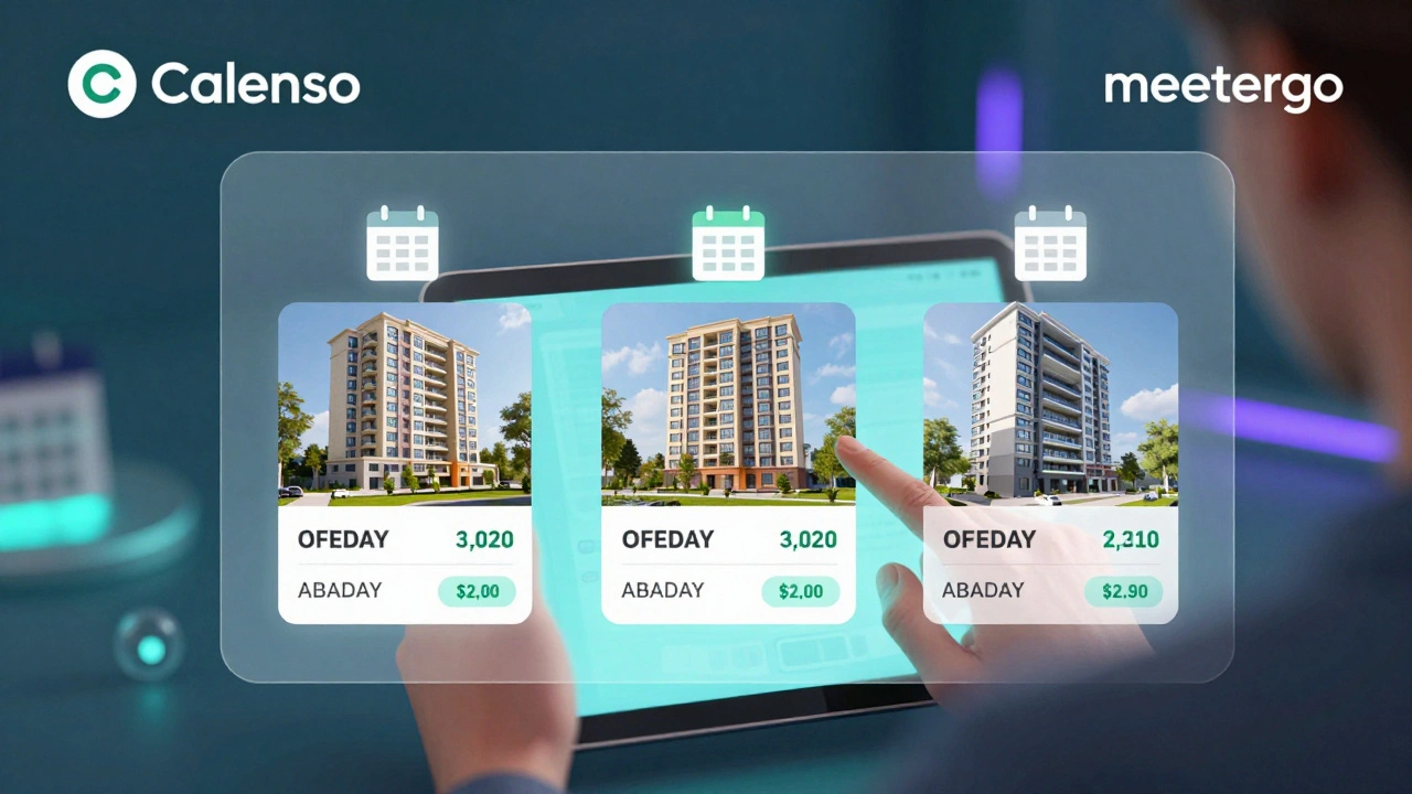 Interessent bucht online eine Wohnungsbesichtigung über ein digitales Interface mit mehreren Objekten.