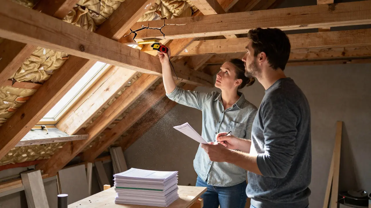 Käufer und zertifizierter Gutachter prüfen gemeinsam eine beschädigte Dachkonstruktion in einem alten Haus.