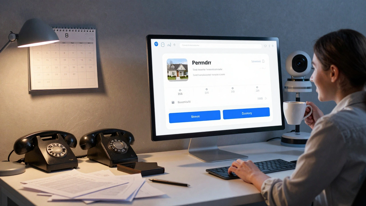 Kontrast: Chaos am Schreibtisch vs. digitale Effizienz bei der Terminbuchung für Immobilienbesichtigungen.