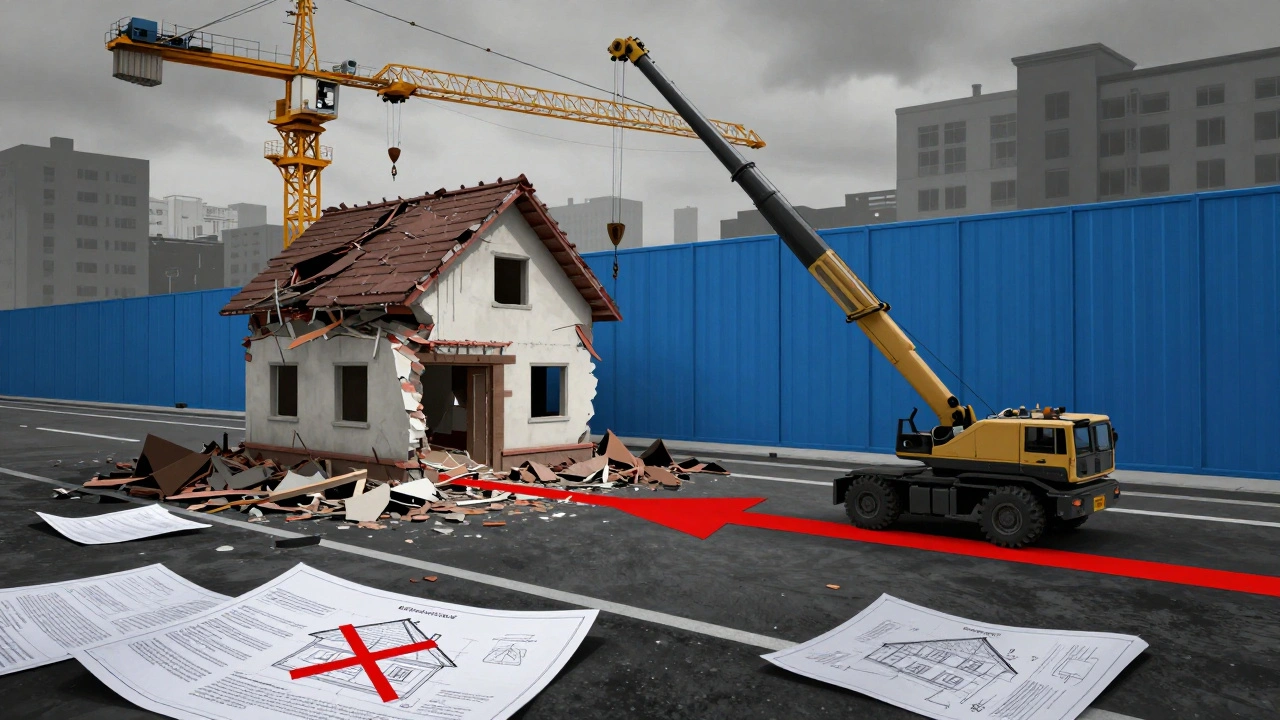 Kran schiebt ein Haus nach vorne zur richtigen Baulinie, blaue Grenze und verworfene Pläne am Boden.