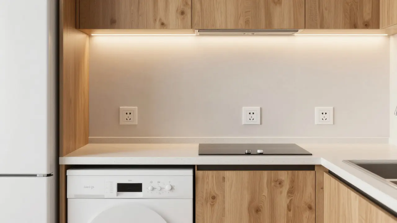 Küche mit vier zugänglichen Steckdosen an der Arbeitsplatte, kein Verstecken hinter Möbeln, RCD-Schutz sichtbar.