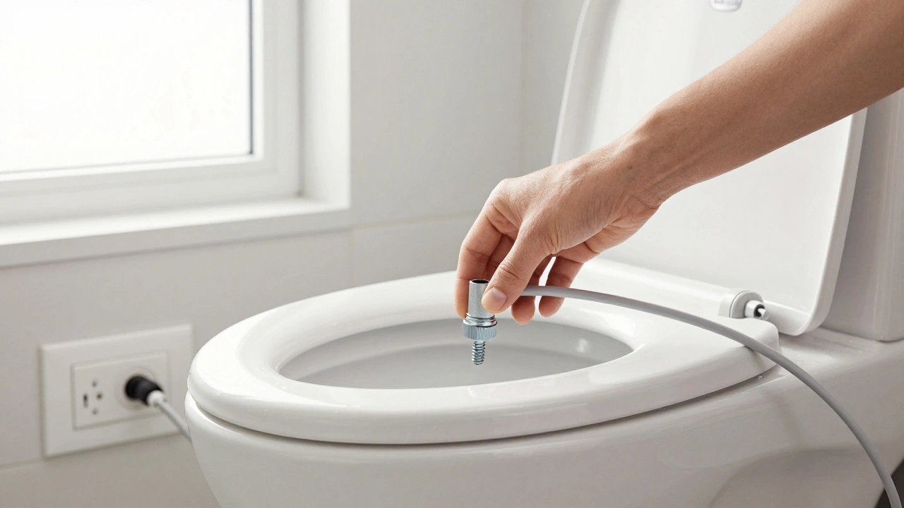 Montage eines Dusch-WC-Aufsatzes mit T-Stück und Stromkabel, DIY-Installation im Badezimmer.