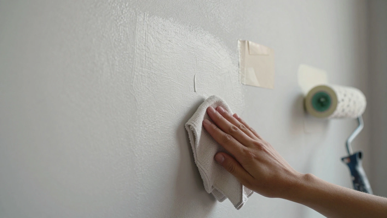 Perfekte Wandkante, wo Pinsel- und Rollenfarbe verschmelzen, mit einem feuchten Tuch, das einen Tropfen entfernt.