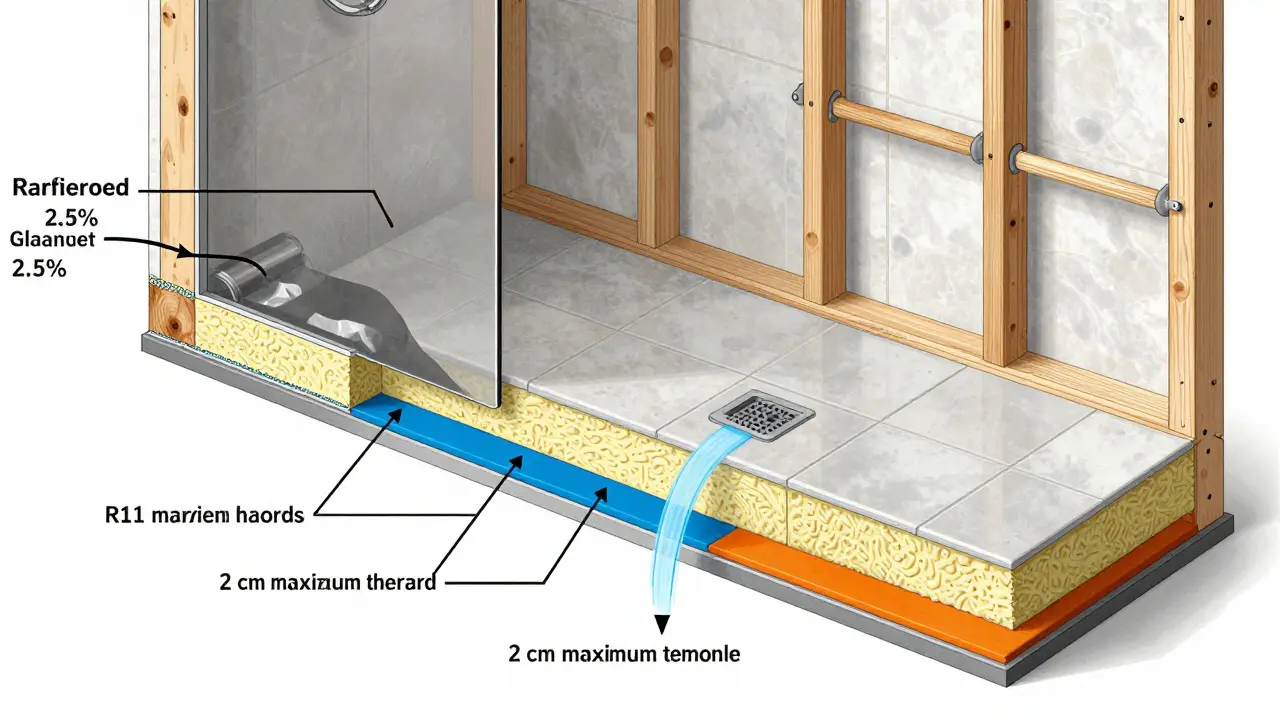 Schnittansicht einer barrierearmen Dusche mit Gefälle, Abdichtungsschichten und verstärkter Wand für Haltegriffe.