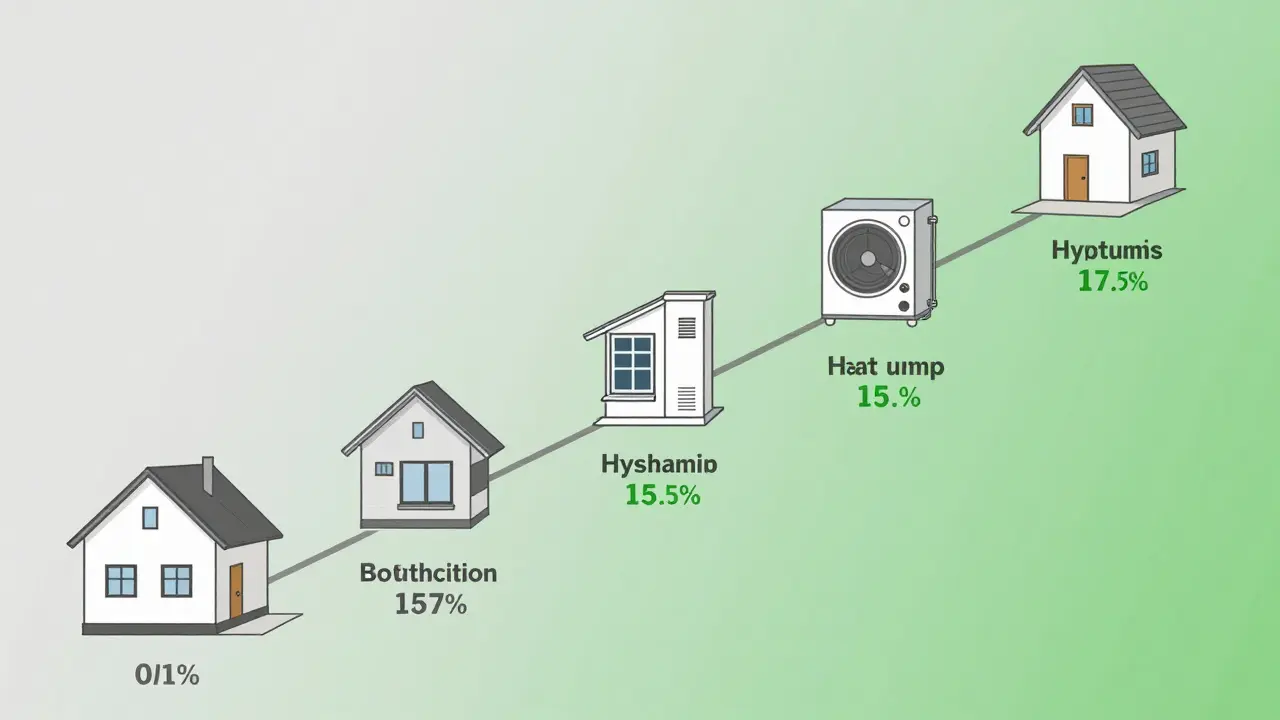 Schritt-für-Schritt-Diagramm der energetischen Sanierung eines Hauses: von Dachdämmung bis Lüftungssystem.